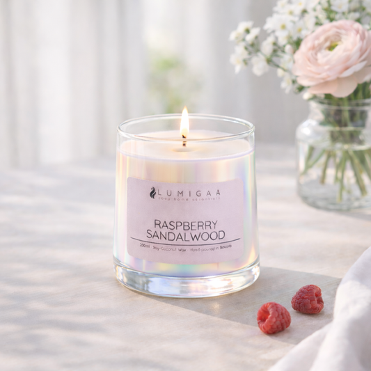 Handgegossene Duftkerze im Glas irisierend aus Soja-Kokoswachs, Duft Raspberry Sandalwood, Frühlingsbild