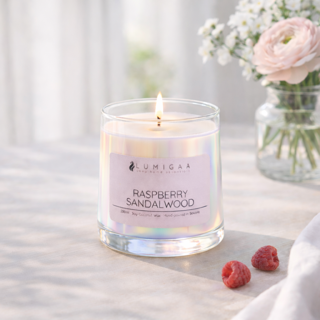 Handgegossene Duftkerze im Glas irisierend aus Soja-Kokoswachs, Duft Raspberry Sandalwood, Frühlingsbild