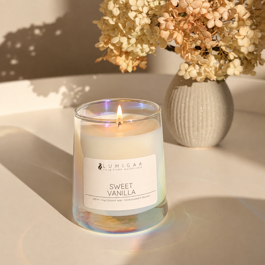 Duftkerze Vanilledutf auf Tisch mit Trockenblumen