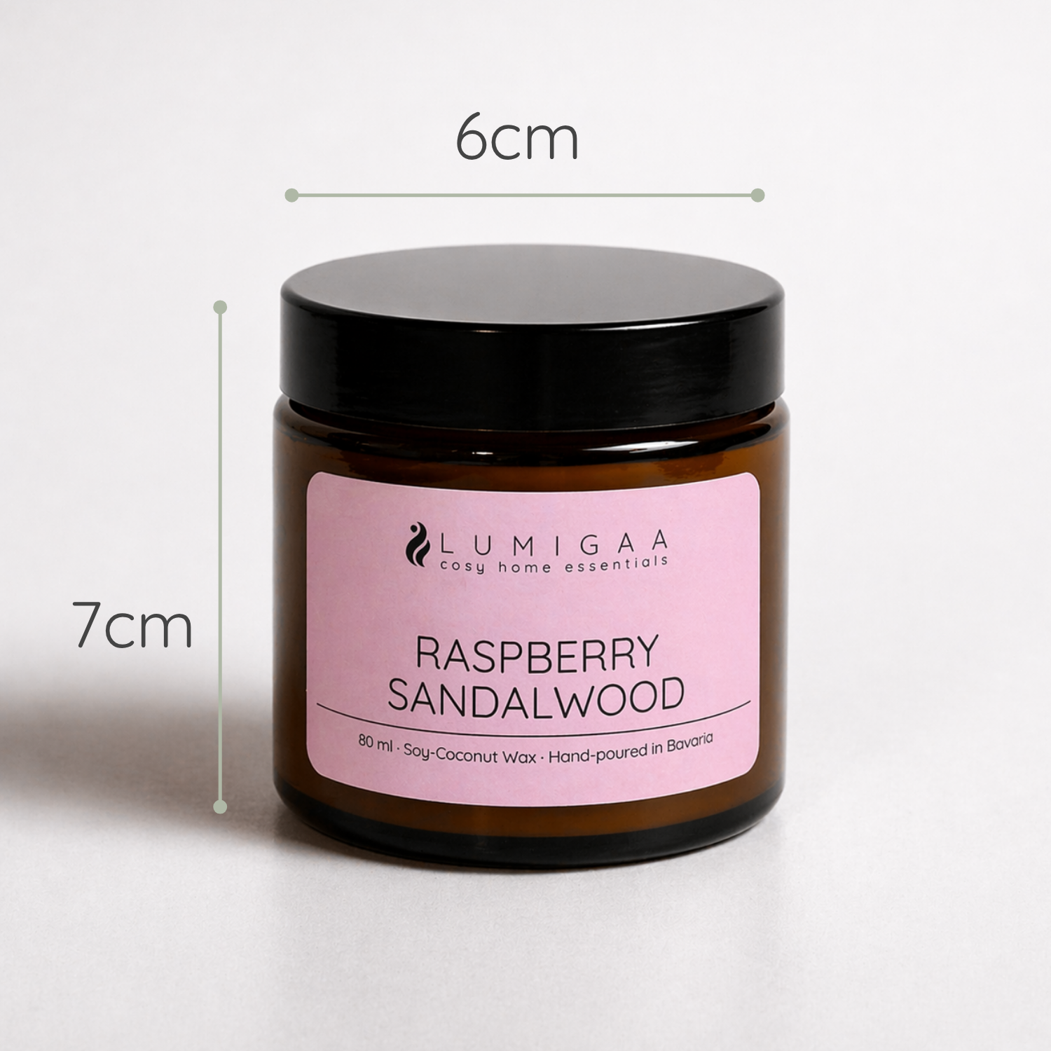 Duftkerze im Glas mit schwarzem Deckel, Duft Raspberry Sandalwood, 7 cm hoch, 6 cm Durchmesser