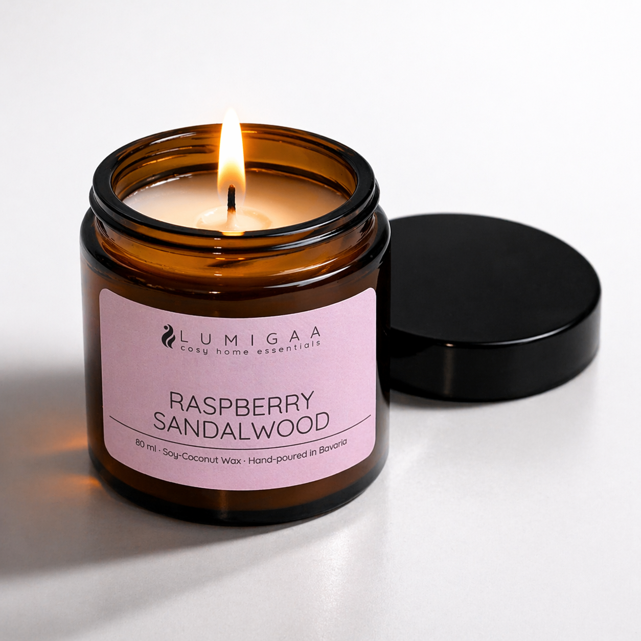 brennende Duftkerze im Glas, Duft Raspberry Sandalwood
