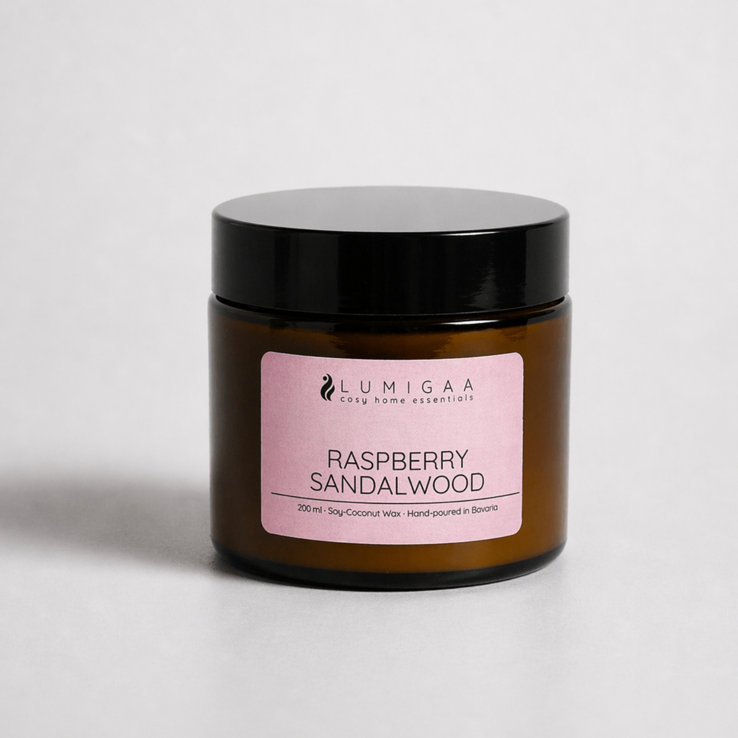 Duftkerze im Glas mit schwarzem Deckel, Duft Raspberry Sandalwood