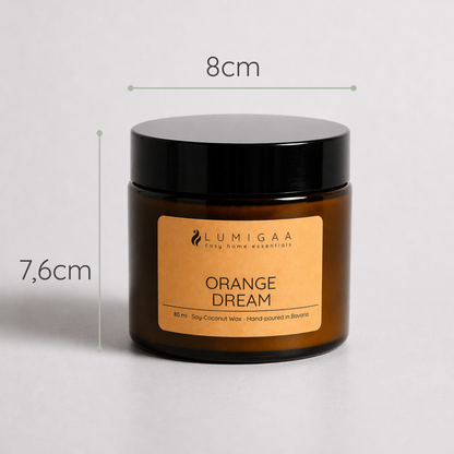 Duftkerze im Glas mit schwarzem Deckel, Duft Orange Dream, 7,6 cm hoch, 8 cm Durchmesser