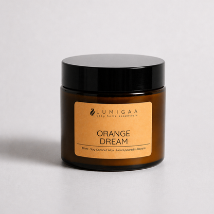 Duftkerze im Glas mit schwarzem Deckel, Duft Orange Dream