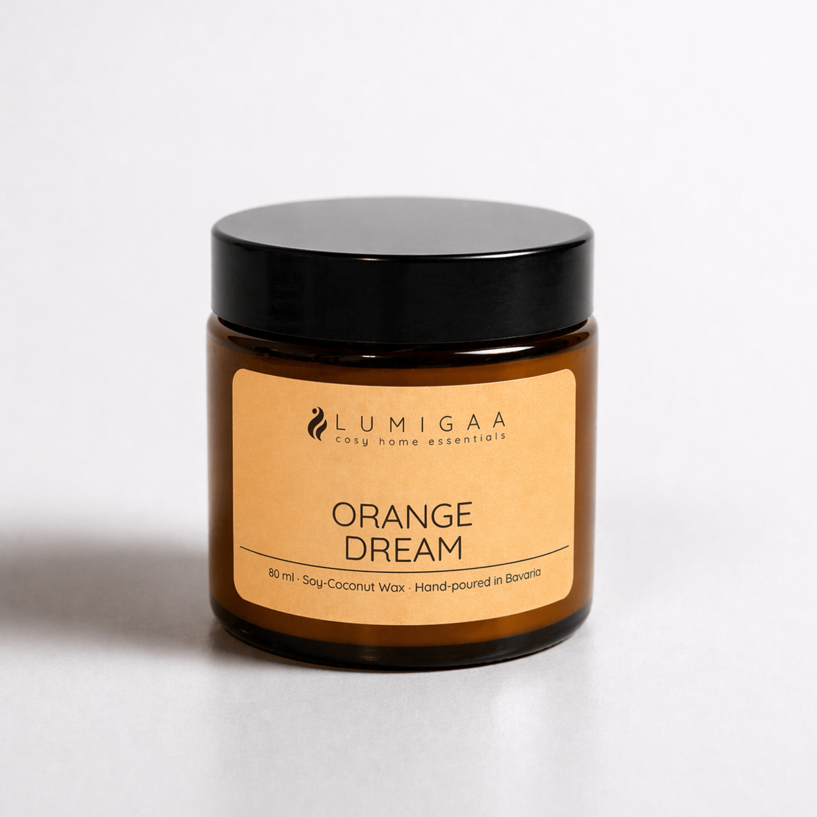 Duftkerze im Glas mit schwarzem Deckel, Duft Orange Dream