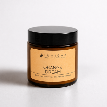 Duftkerze im Glas mit schwarzem Deckel, Duft Orange Dream