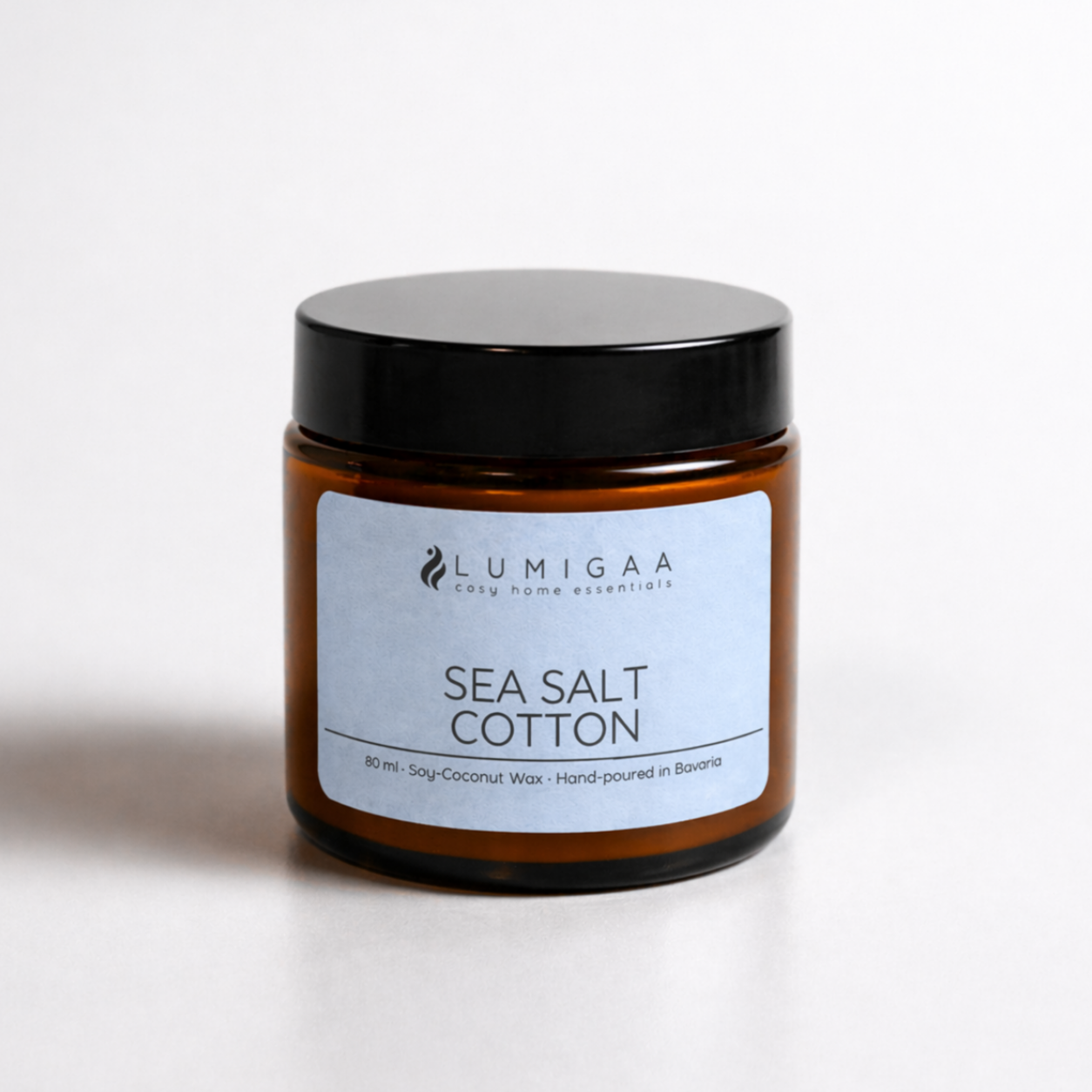Duftkerze im Glas mit schwarzem Deckel, Duft Sea Salt Cotton
