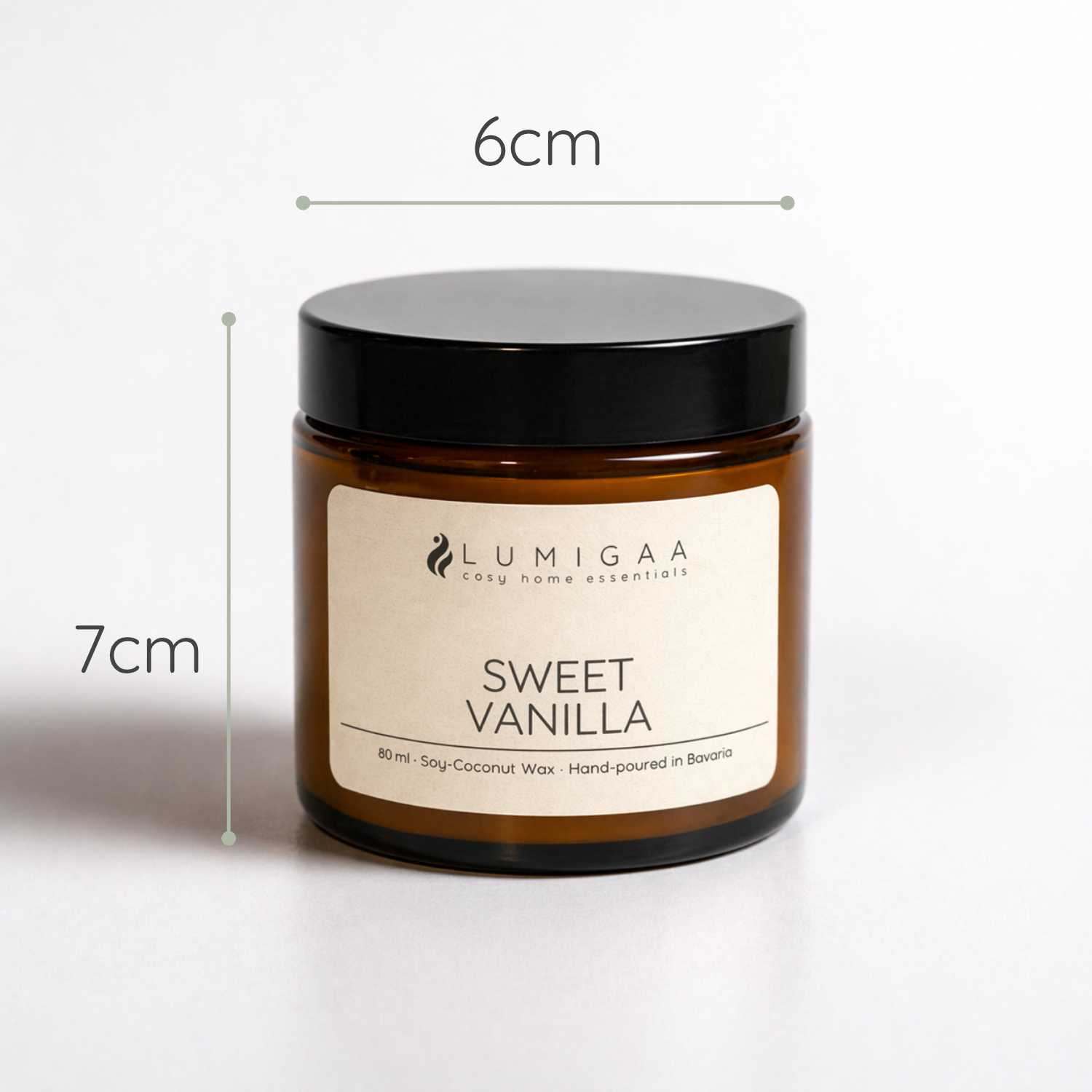 Duftkerze im Glas mit schwarzem Deckel, Duft Sweet Vanilla, 7 cm hoch, 6 cm Durchmesser