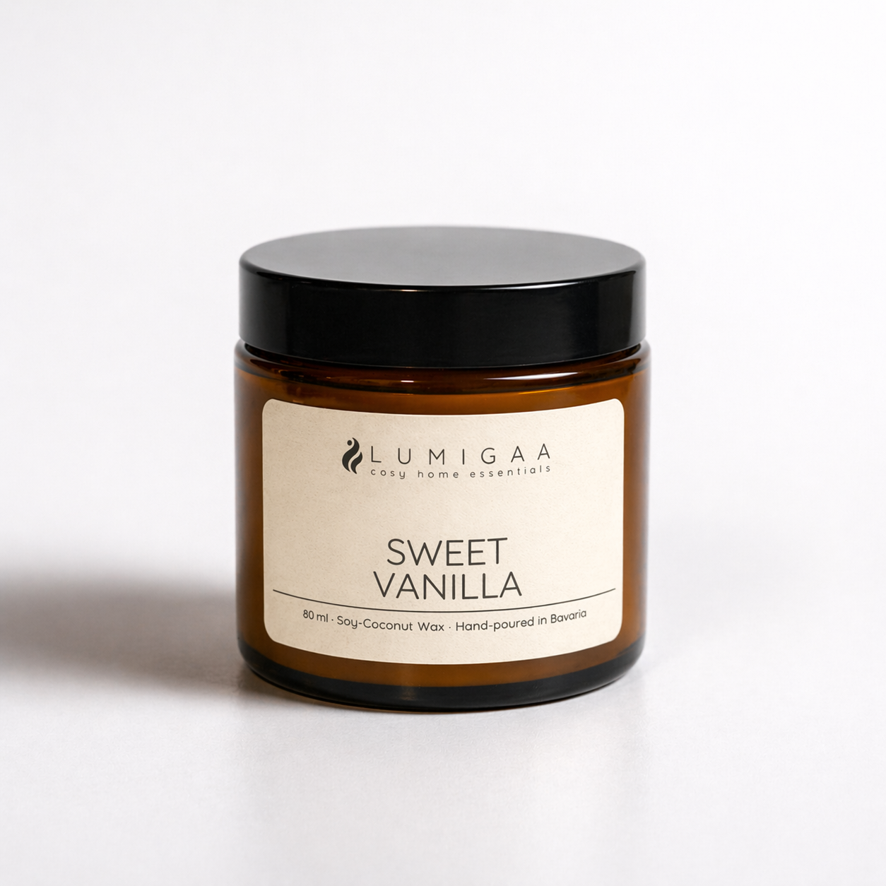 Duftkerze im Glas mit schwarzem Deckel, Duft Sweet Vanilla