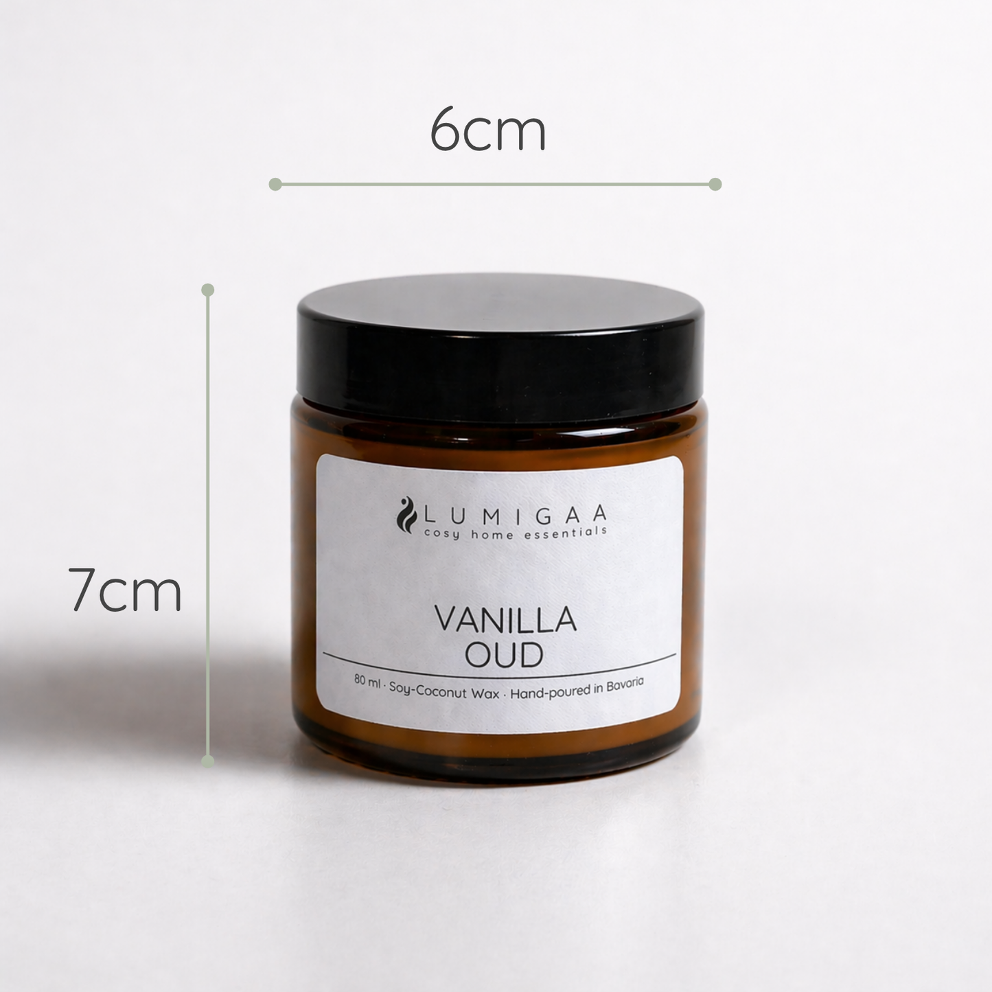Duftkerze im Glas mit schwarzem Deckel, Duft Vanilla Oud, 7 cm hoch, 6 cm Durchmesser