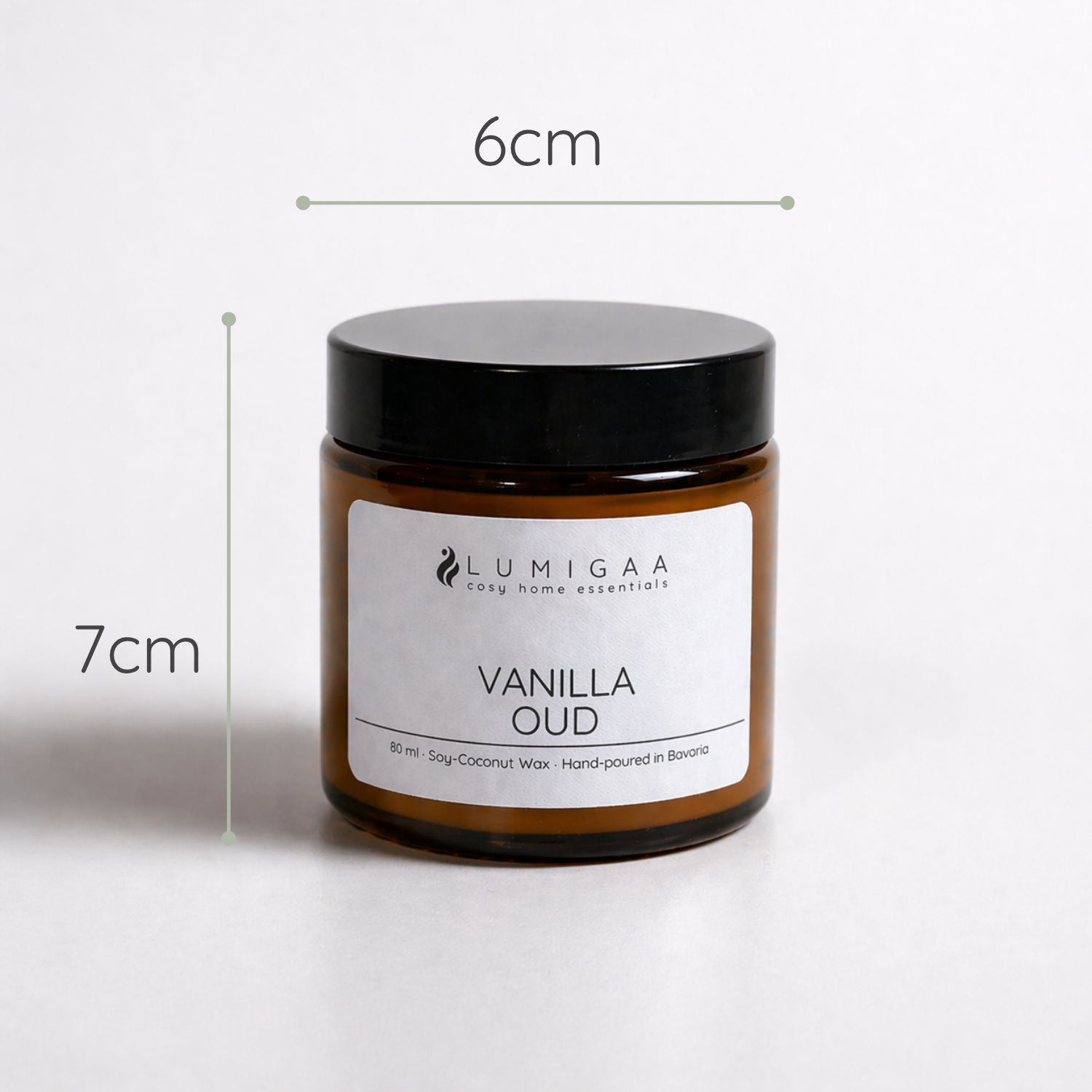 Duftkerze im Glas mit schwarzem Deckel, Duft Vanilla Oud, 7 cm hoch, 6 cm Durchmesser