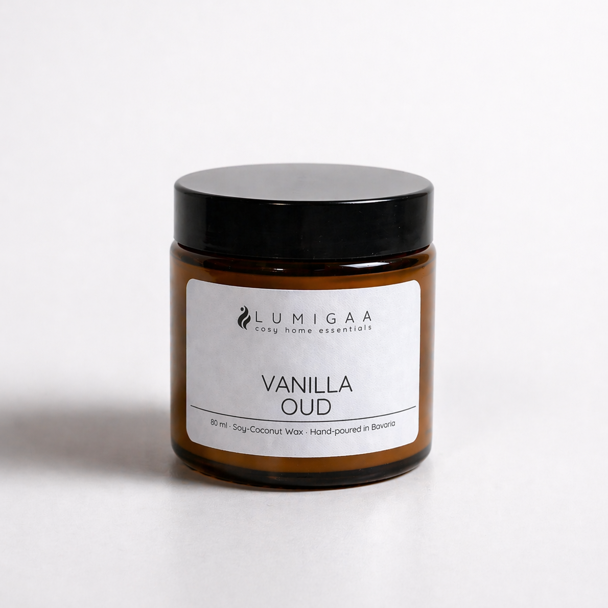 Duftkerze im Glas mit schwarzem Deckel, Duft Vanilla Oud